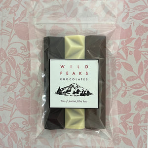 3 chocolate bars in dark, milk and white chocolate, by Wild Peaks Chocolates